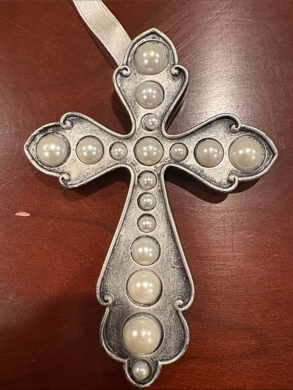 Pearl-Accent Decorative Cross Ornament - Silver